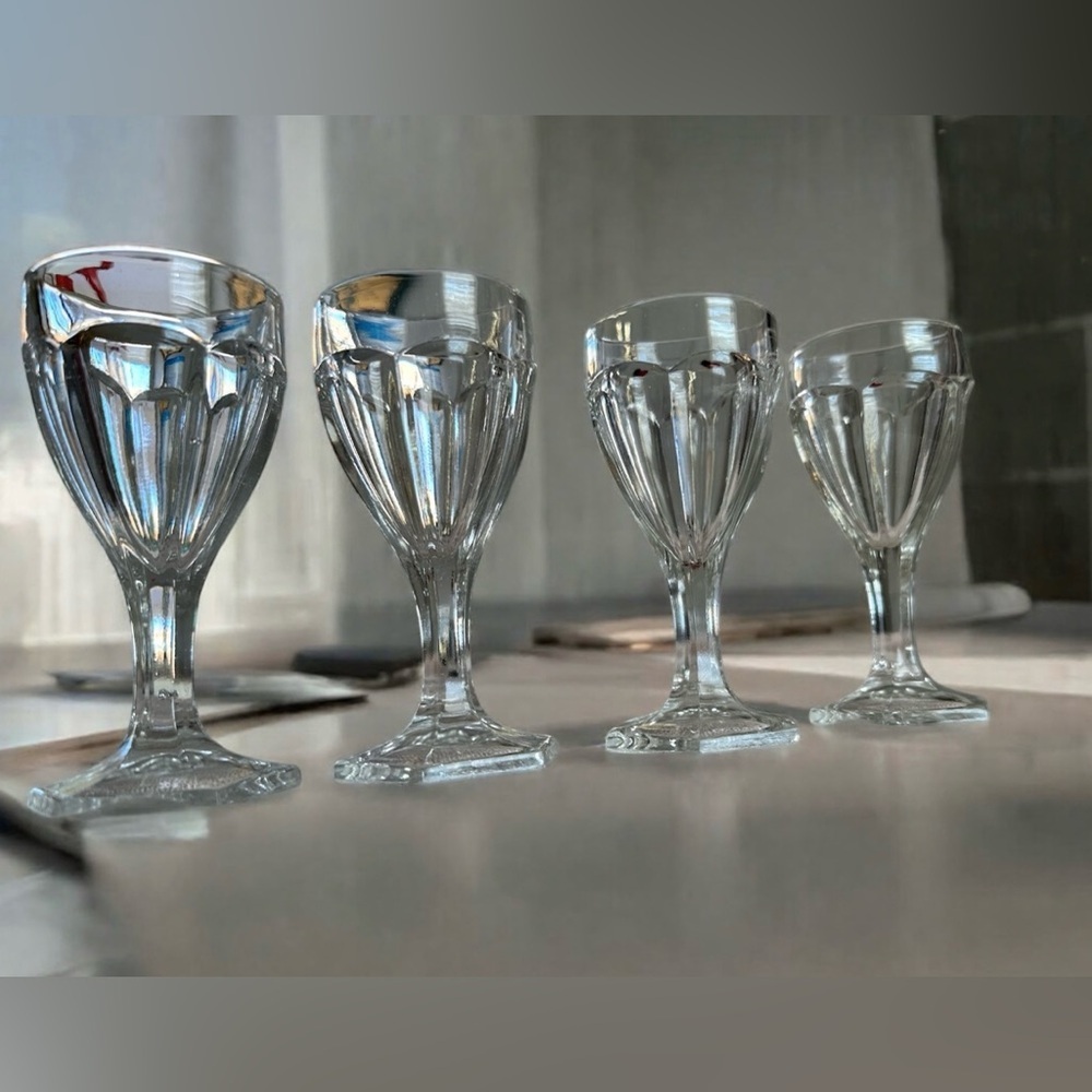 4 Antique Early 1900s 6-Paneled EAPG Small Wine Or Juice Glasses
